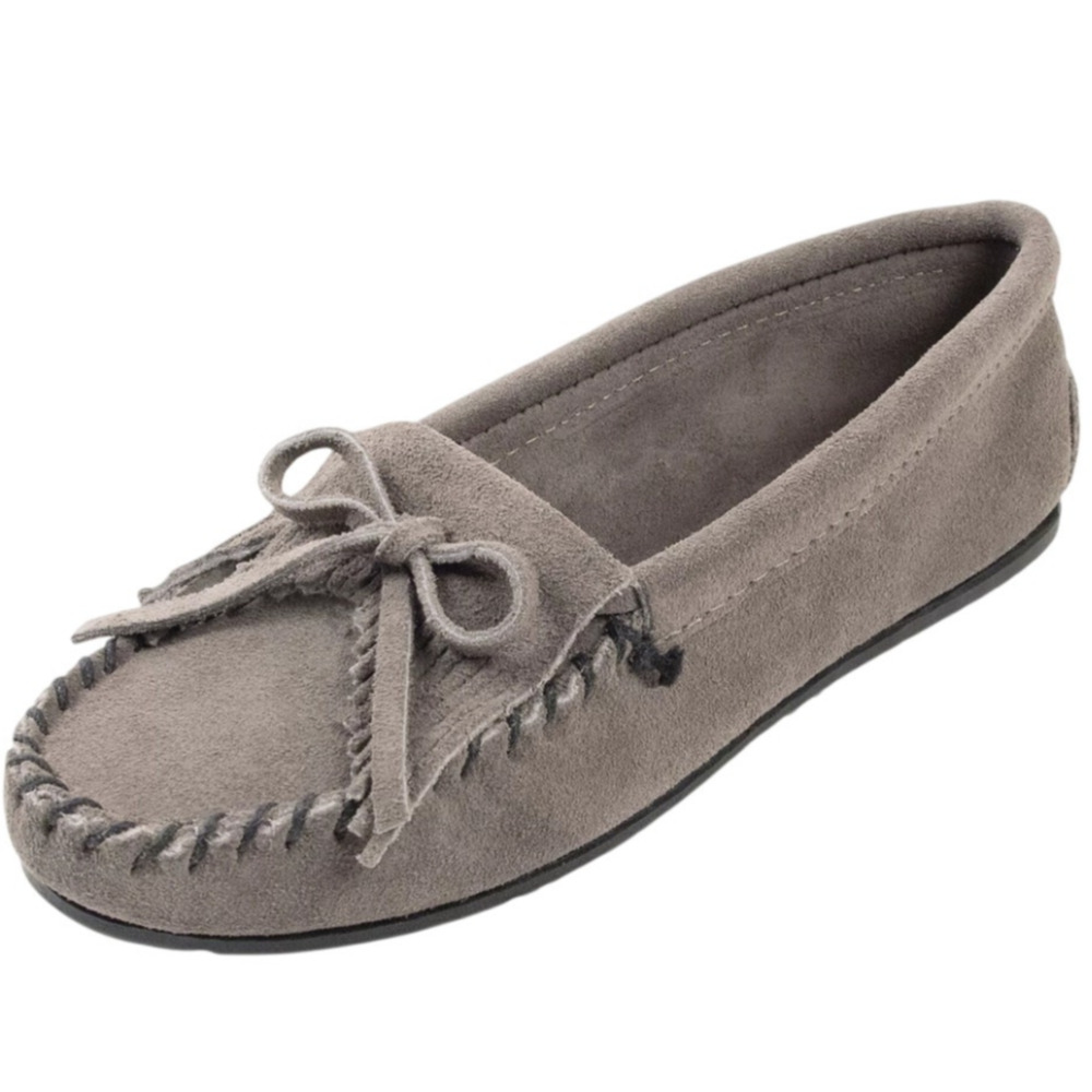Minnetonka Womens Kilty Hardsole Moccasins Size 7.5 Grey Suede Slip-On NIB